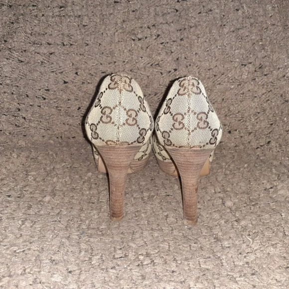 Vintage GUCCI-Horsebit Platform GG Monogram-Beige-Stacked Heels-Sz 9-Excellent - Picture 6 of 9